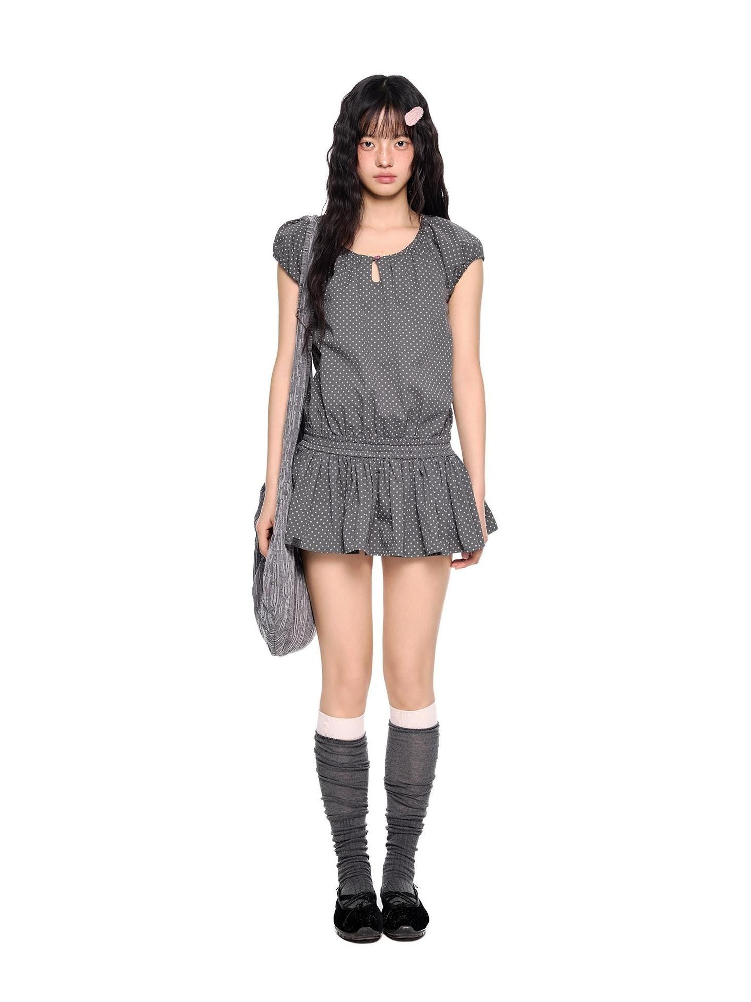 EZEK Polka Dot Ruched Puff Sleeves Women's 100 Cotton Babydoll Mini Dresses