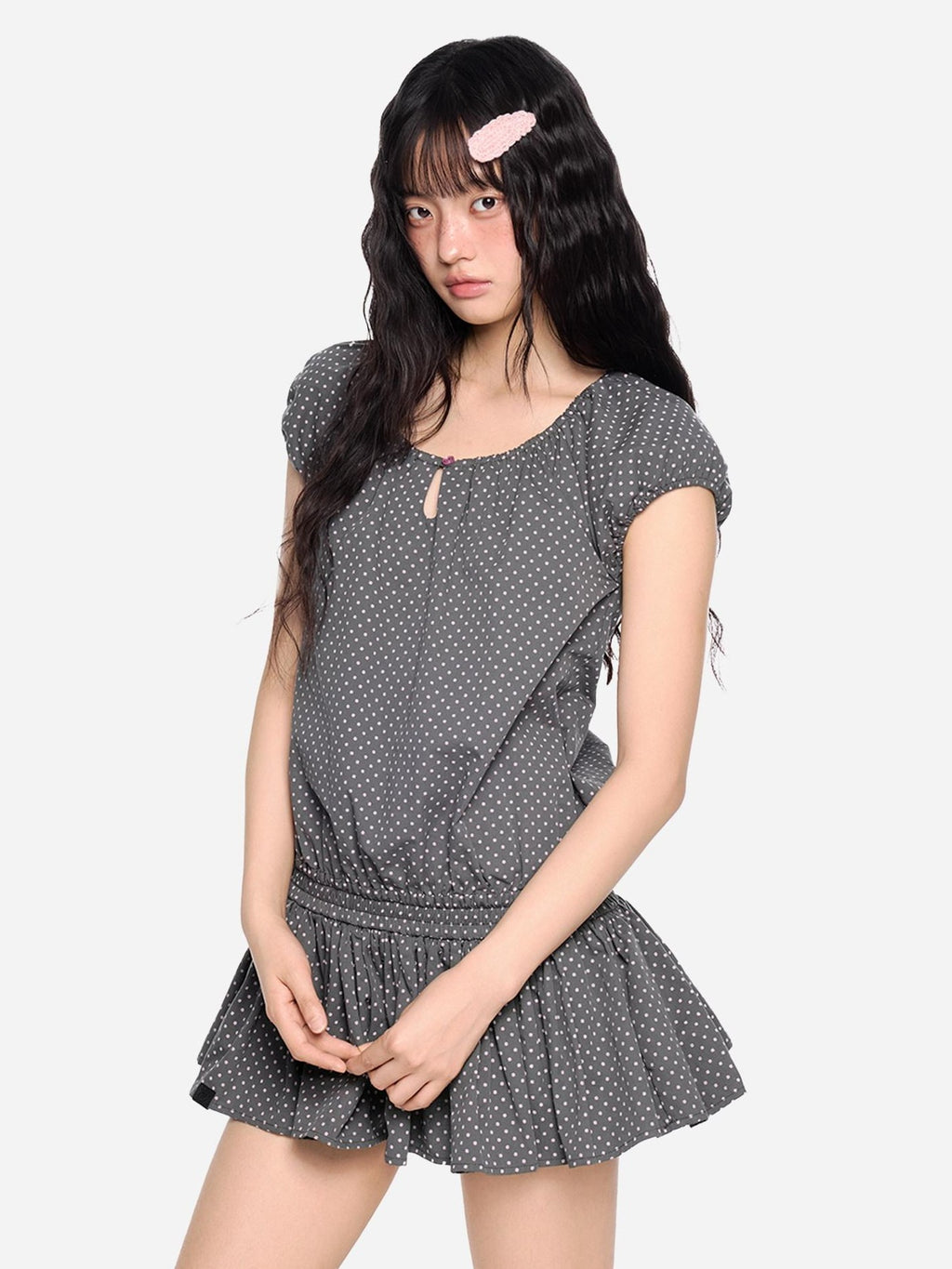 EZEK Polka Dot Ruched Puff Sleeves Women's 100 Cotton Babydoll Mini Dresses