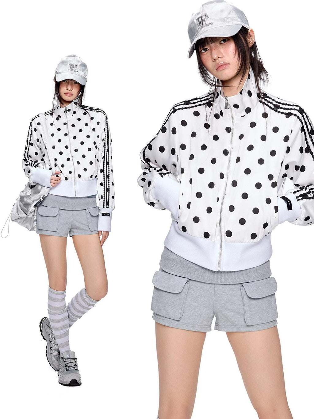 EZEK Polka Dot Side Stripe Zip Stand Collar Cropped Women's Hoodies & Sweatshirts