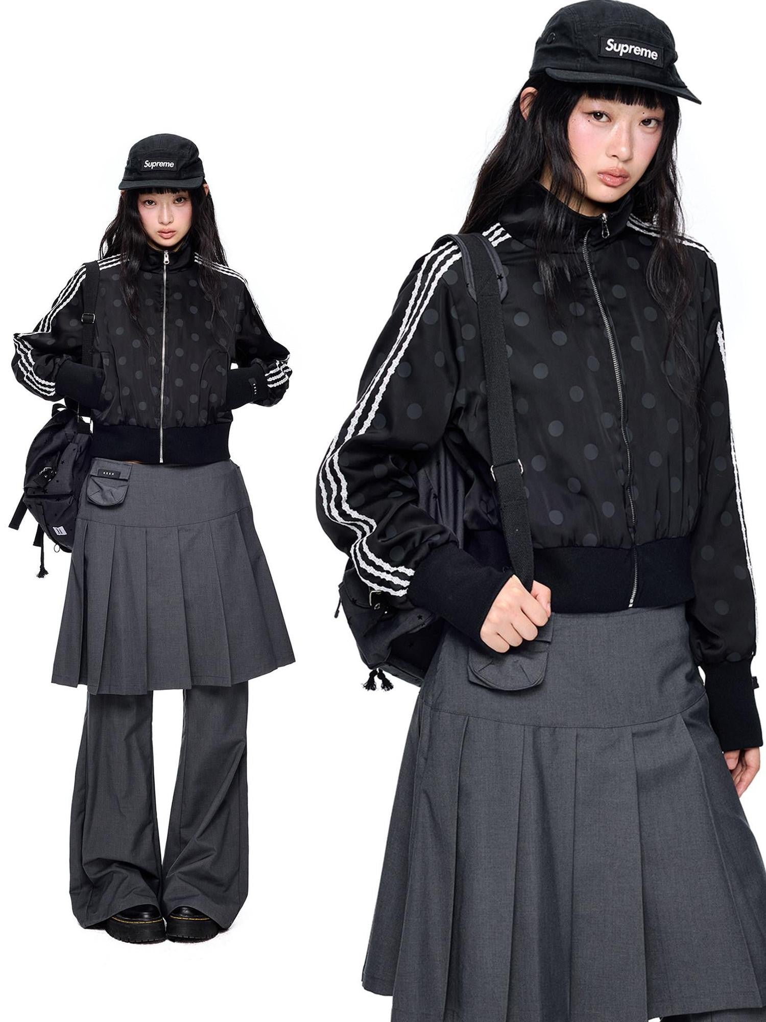 EZEK Polka Dot Side Stripe Zip Stand Collar Cropped Women's Hoodies & Sweatshirts
