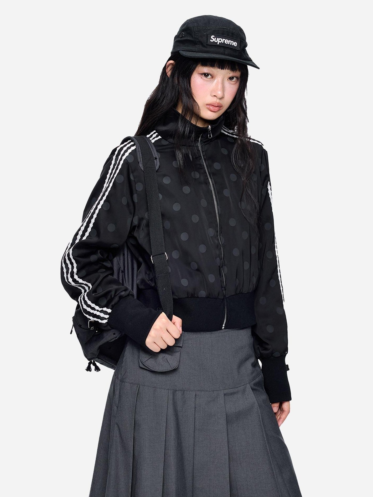 EZEK Polka Dot Side Stripe Zip Stand Collar Cropped Women's Hoodies & Sweatshirts