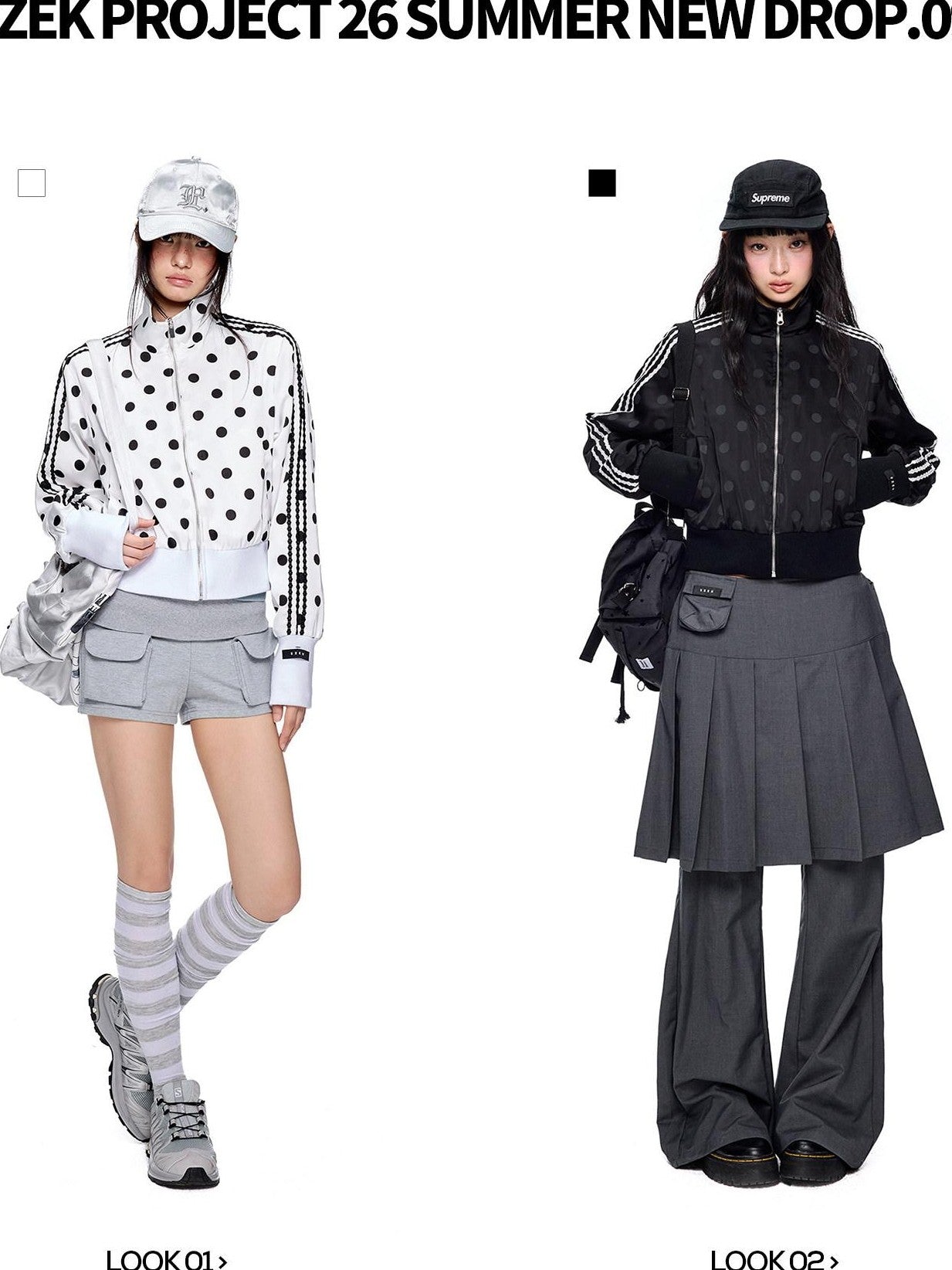 EZEK Polka Dot Side Stripe Zip Stand Collar Cropped Women's Hoodies & Sweatshirts