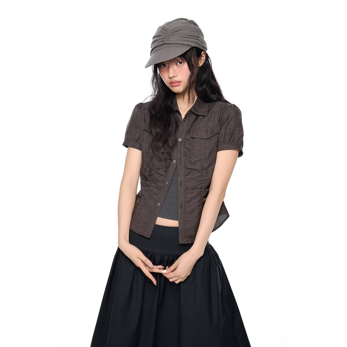 EZEK_Puff_Sleeve_Plaid_Ruched_Waist_Cropped_Lyocell_Women's_Blouses_1037622482017_MISSTT
