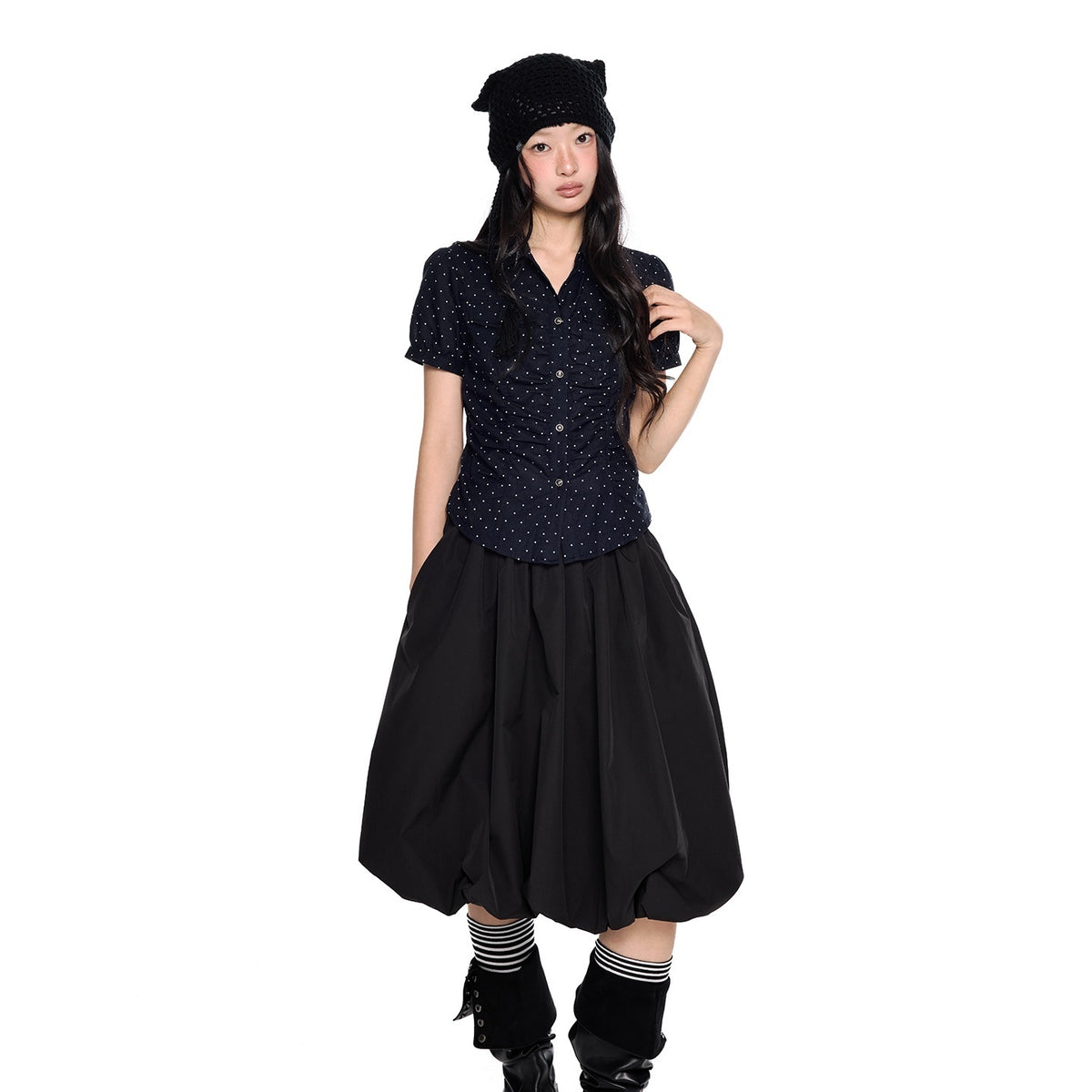 EZEK_Puff_Sleeve_Plaid_Ruched_Waist_Cropped_Lyocell_Women's_Blouses_1037622482017_MISSTT