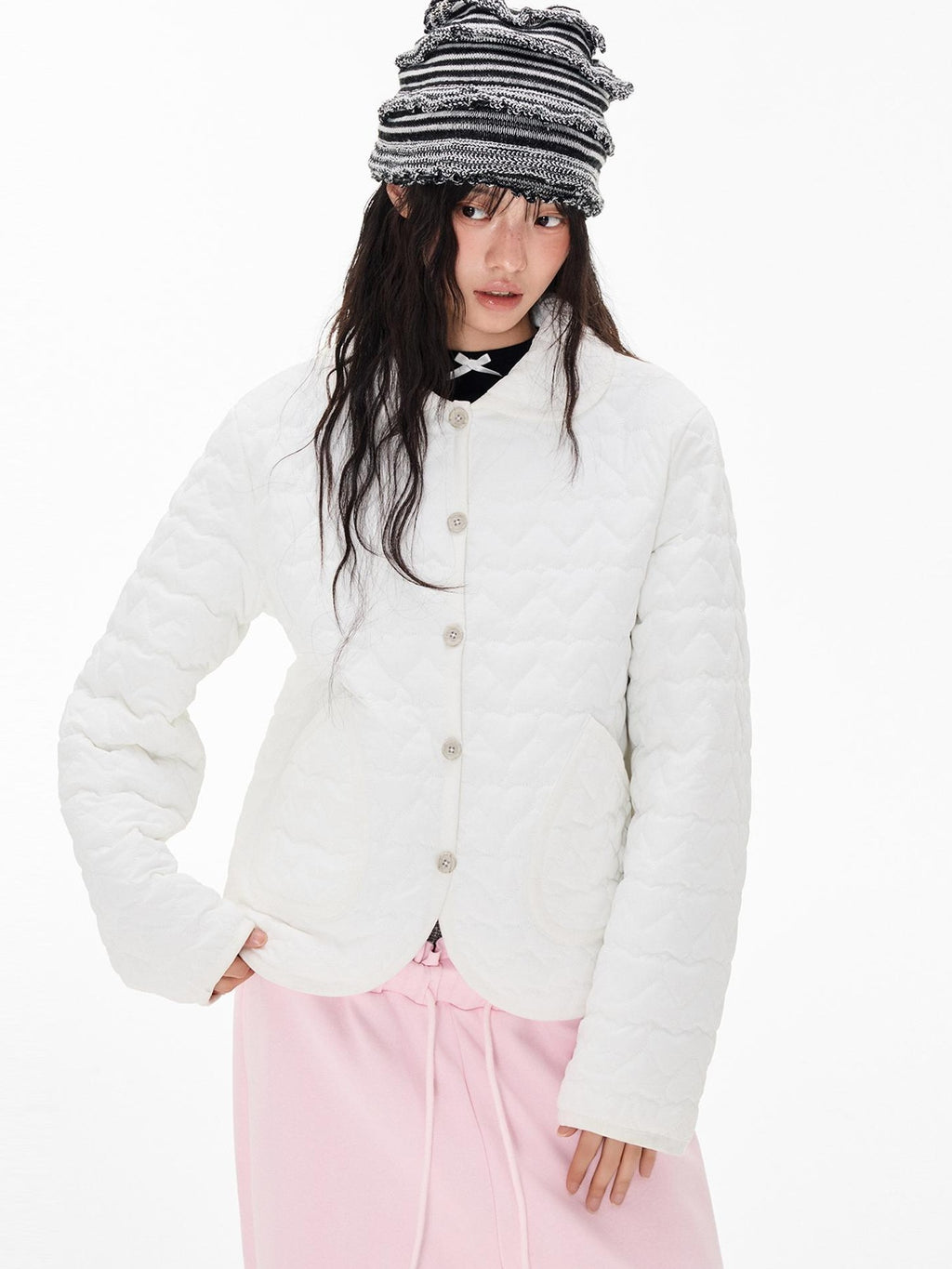 EZEK Quilted Heart Print Peter Pan Collar Cropped Women's Nylon Puffer Jackets