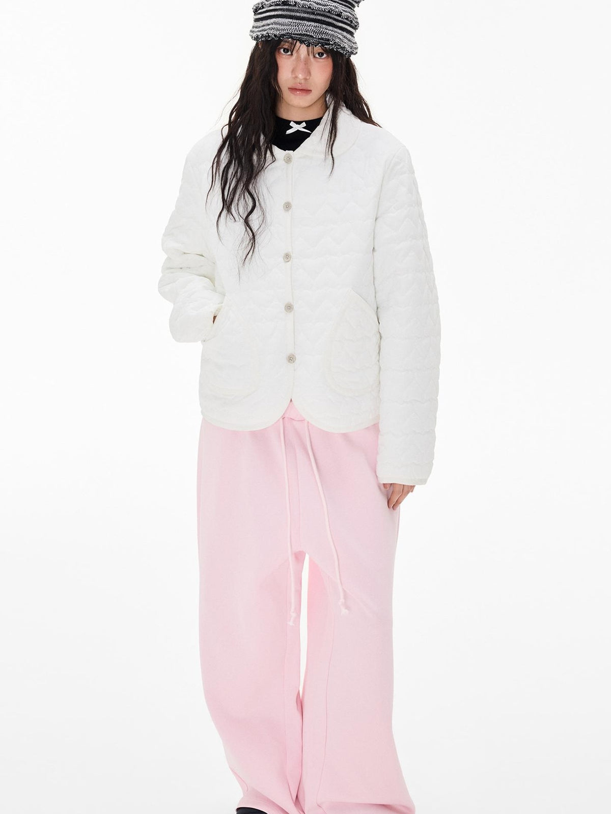 EZEK Quilted Heart Print Peter Pan Collar Cropped Women's Nylon Puffer Jackets
