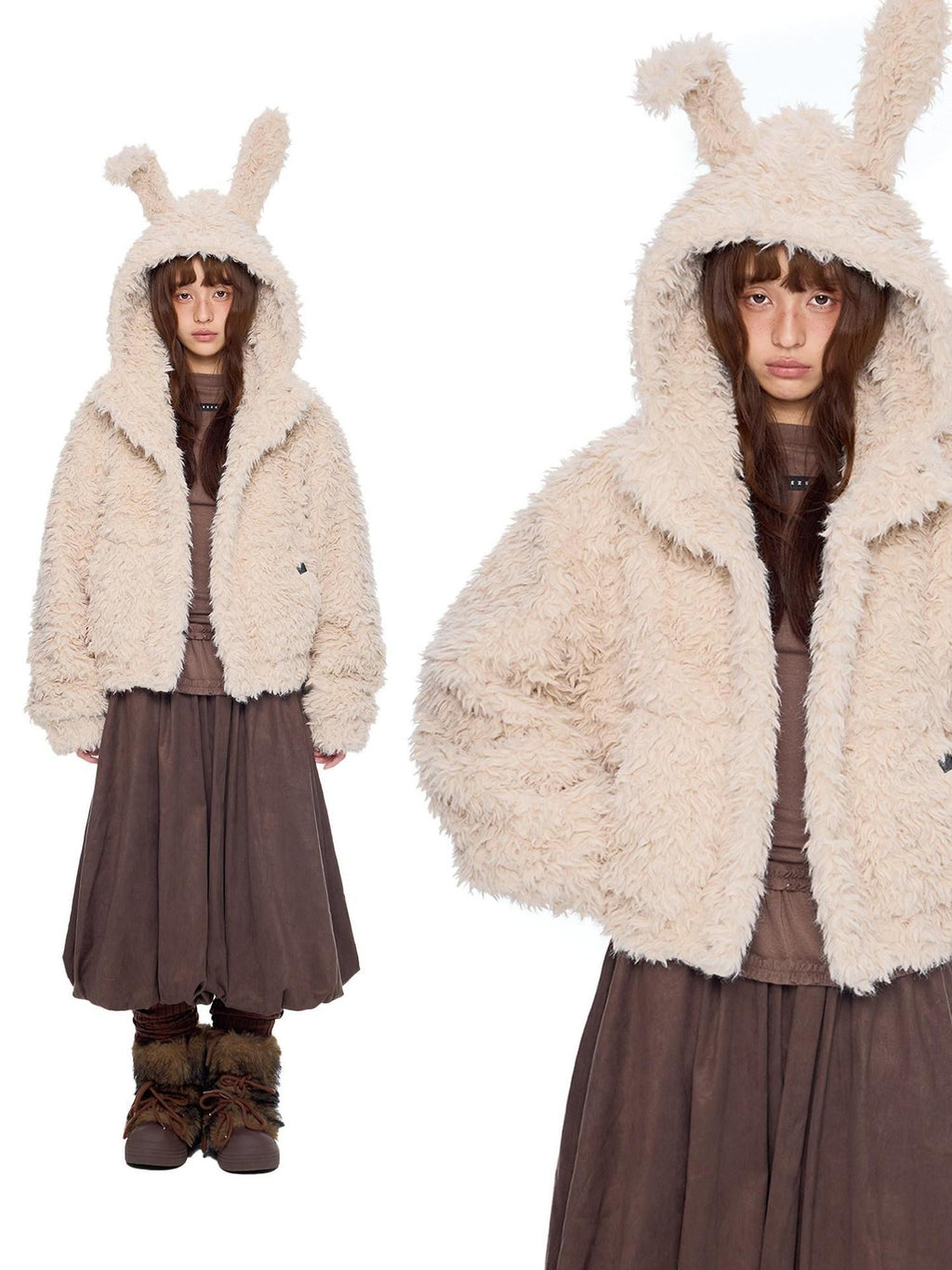 EZEK Rabbit Ear Hooded Zipper Loose Women's Faux Shearling Fleece Jackets