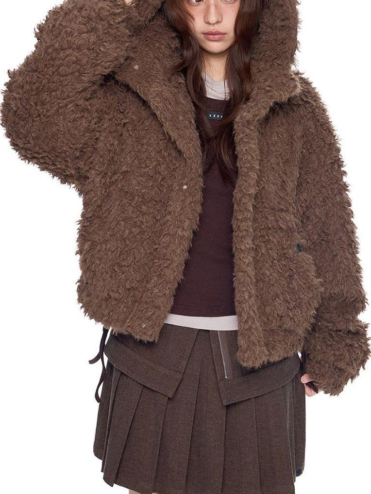 EZEK Rabbit Ear Hooded Zipper Loose Women's Faux Shearling Fleece Jackets