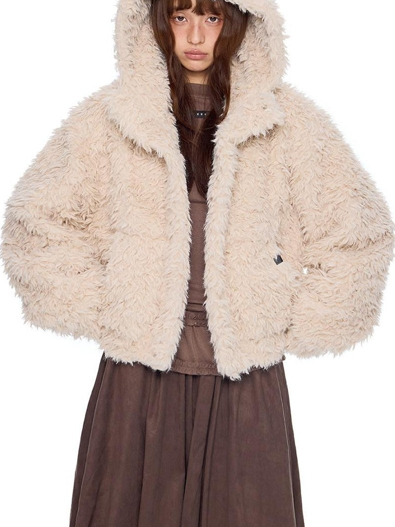 EZEK Rabbit Ear Hooded Zipper Loose Women's Faux Shearling Fleece Jackets