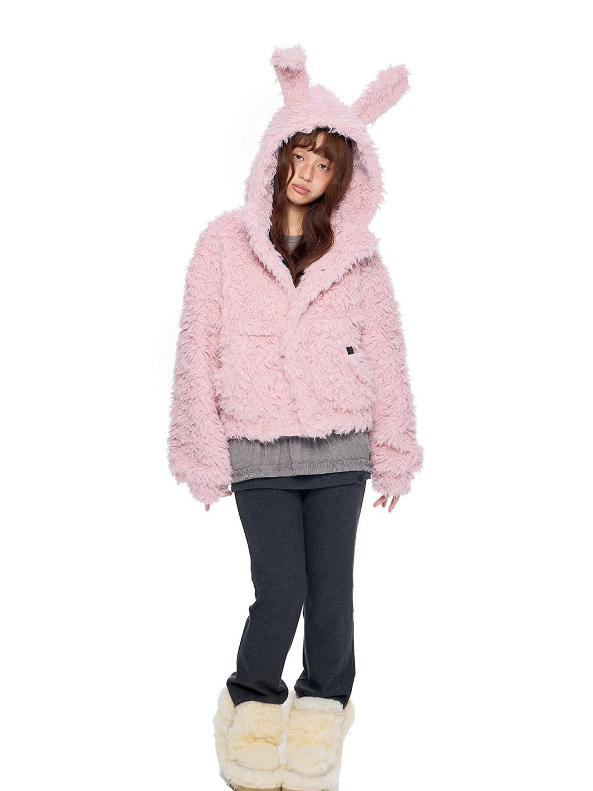 EZEK Rabbit Ear Hooded Zipper Loose Women's Faux Shearling Fleece Jackets