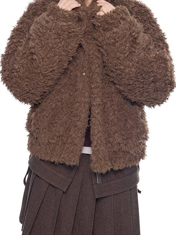 EZEK Rabbit Ear Hooded Zipper Loose Women's Faux Shearling Fleece Jackets