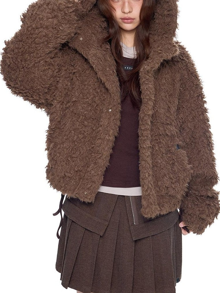 EZEK Rabbit Ear Hooded Zipper Loose Women's Faux Shearling Fleece Jackets