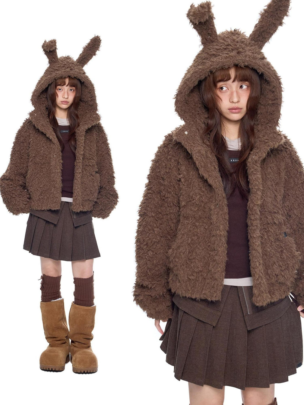 EZEK Rabbit Ear Hooded Zipper Loose Women's Faux Shearling Fleece Jackets