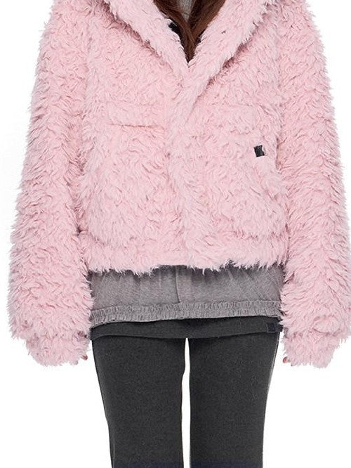 EZEK Rabbit Ear Hooded Zipper Loose Women's Faux Shearling Fleece Jackets