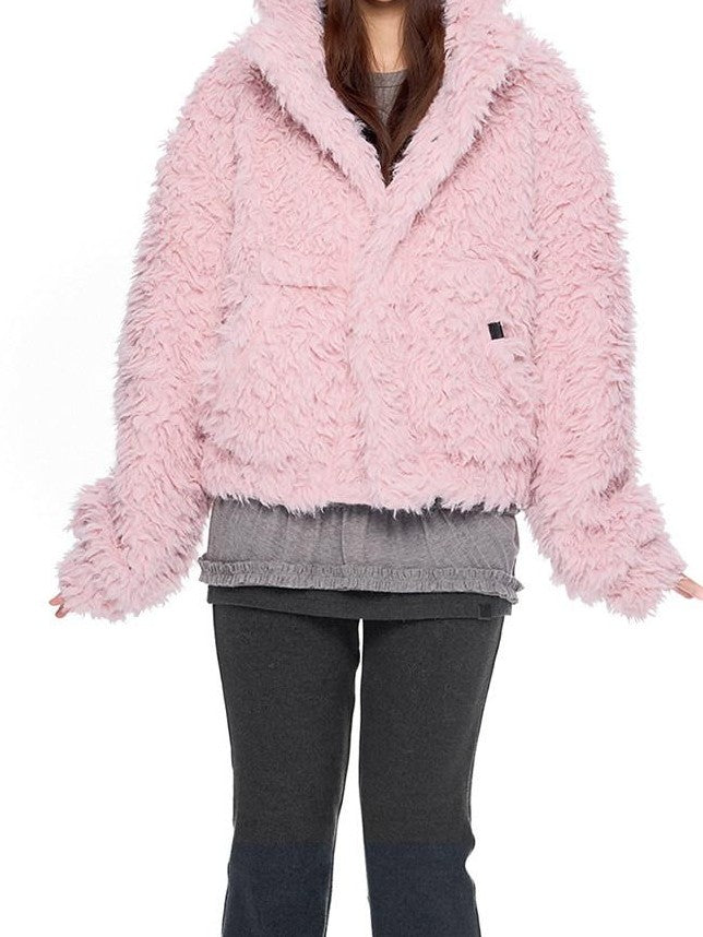 EZEK Rabbit Ear Hooded Zipper Loose Women's Faux Shearling Fleece Jackets