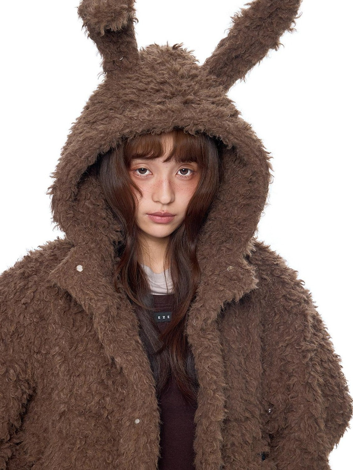 EZEK Rabbit Ear Hooded Zipper Loose Women's Faux Shearling Fleece Jackets