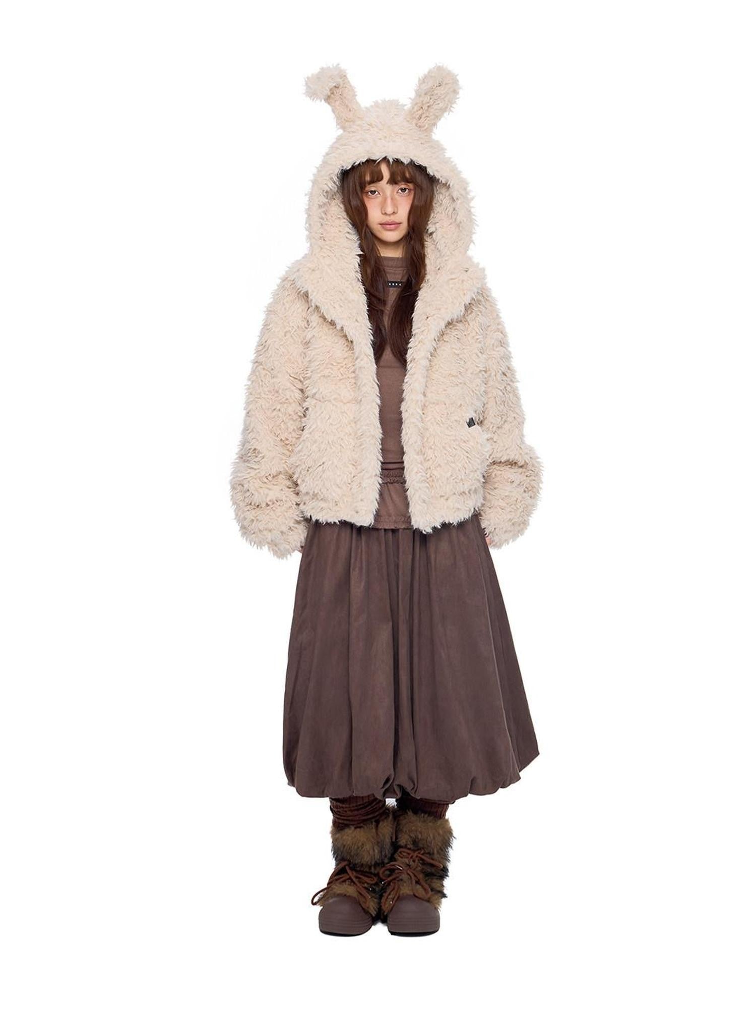 EZEK Rabbit Ear Hooded Zipper Loose Women's Faux Shearling Fleece Jackets