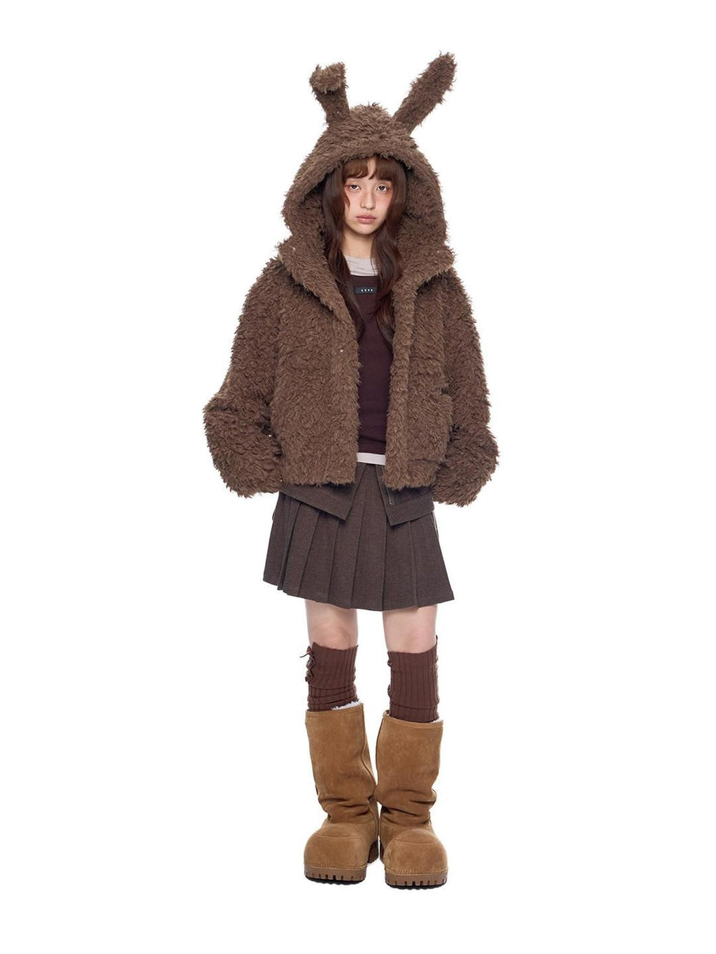 EZEK Rabbit Ear Hooded Zipper Loose Women's Faux Shearling Fleece Jackets