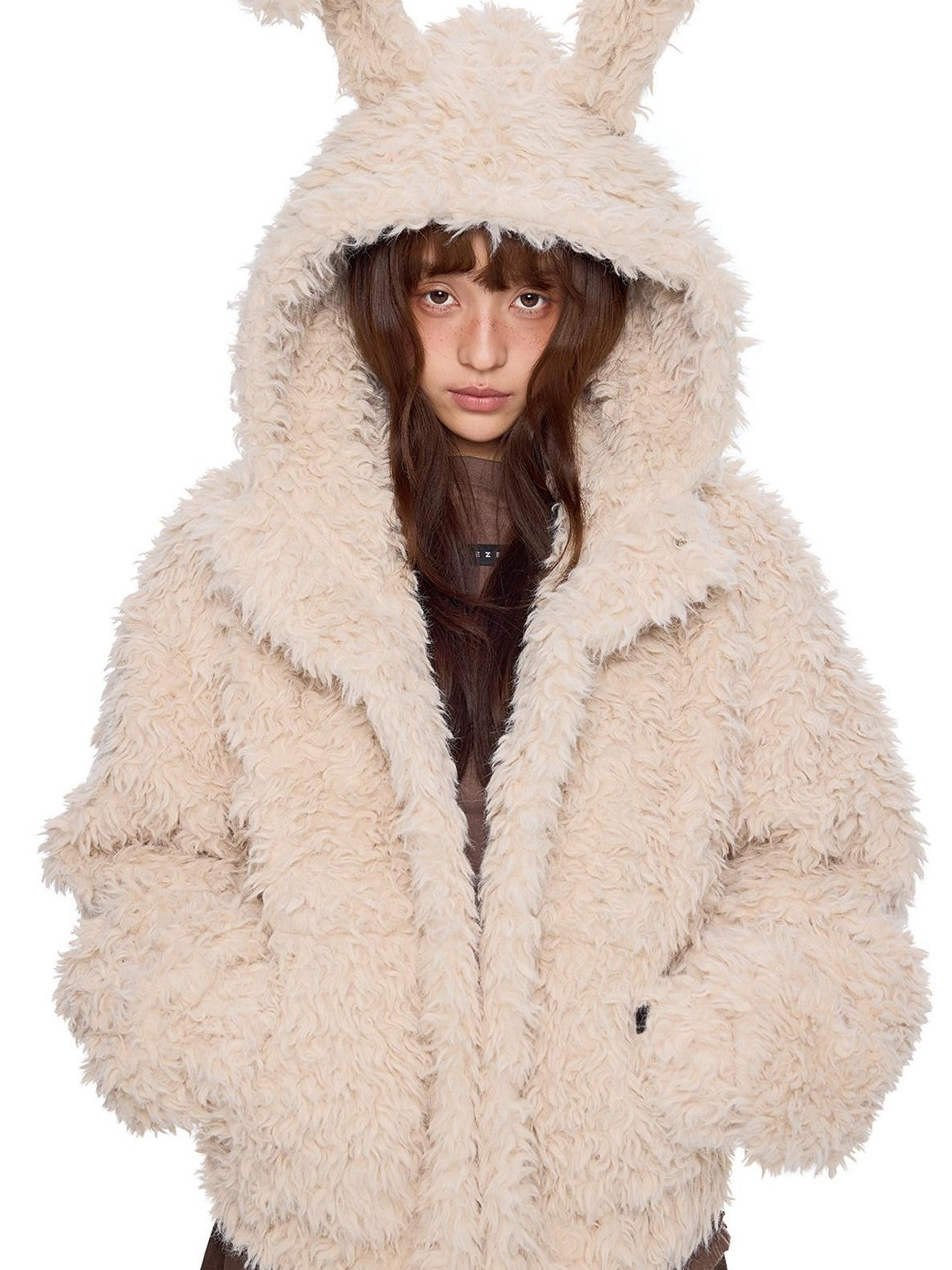 EZEK Rabbit Ear Hooded Zipper Loose Women's Faux Shearling Fleece Jackets