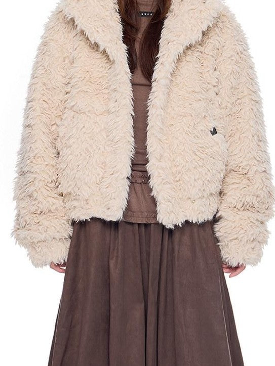 EZEK Rabbit Ear Hooded Zipper Loose Women's Faux Shearling Fleece Jackets