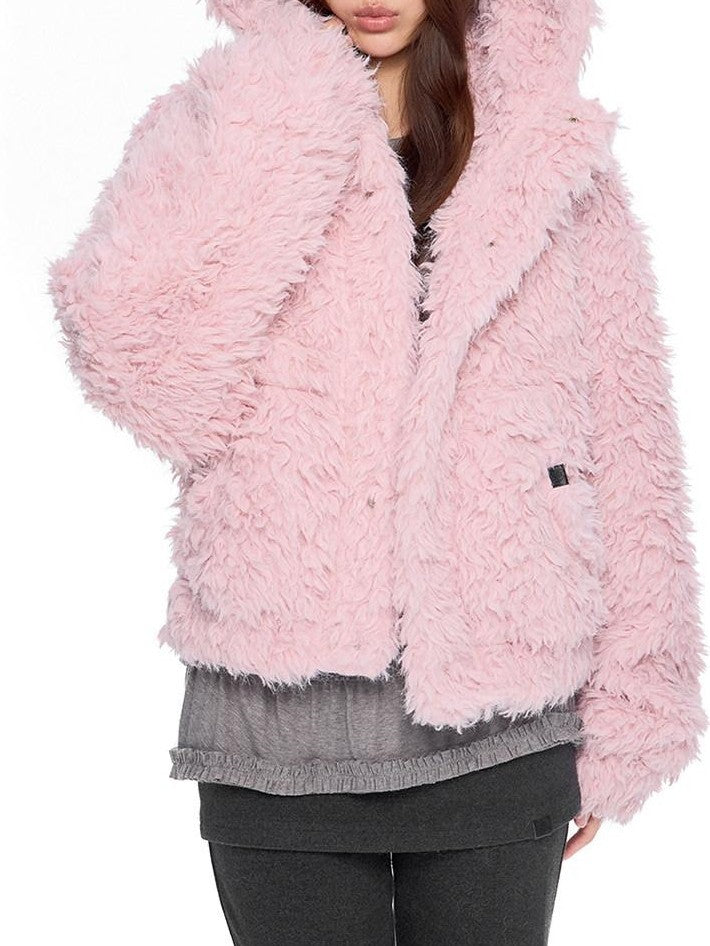 EZEK Rabbit Ear Hooded Zipper Loose Women's Faux Shearling Fleece Jackets