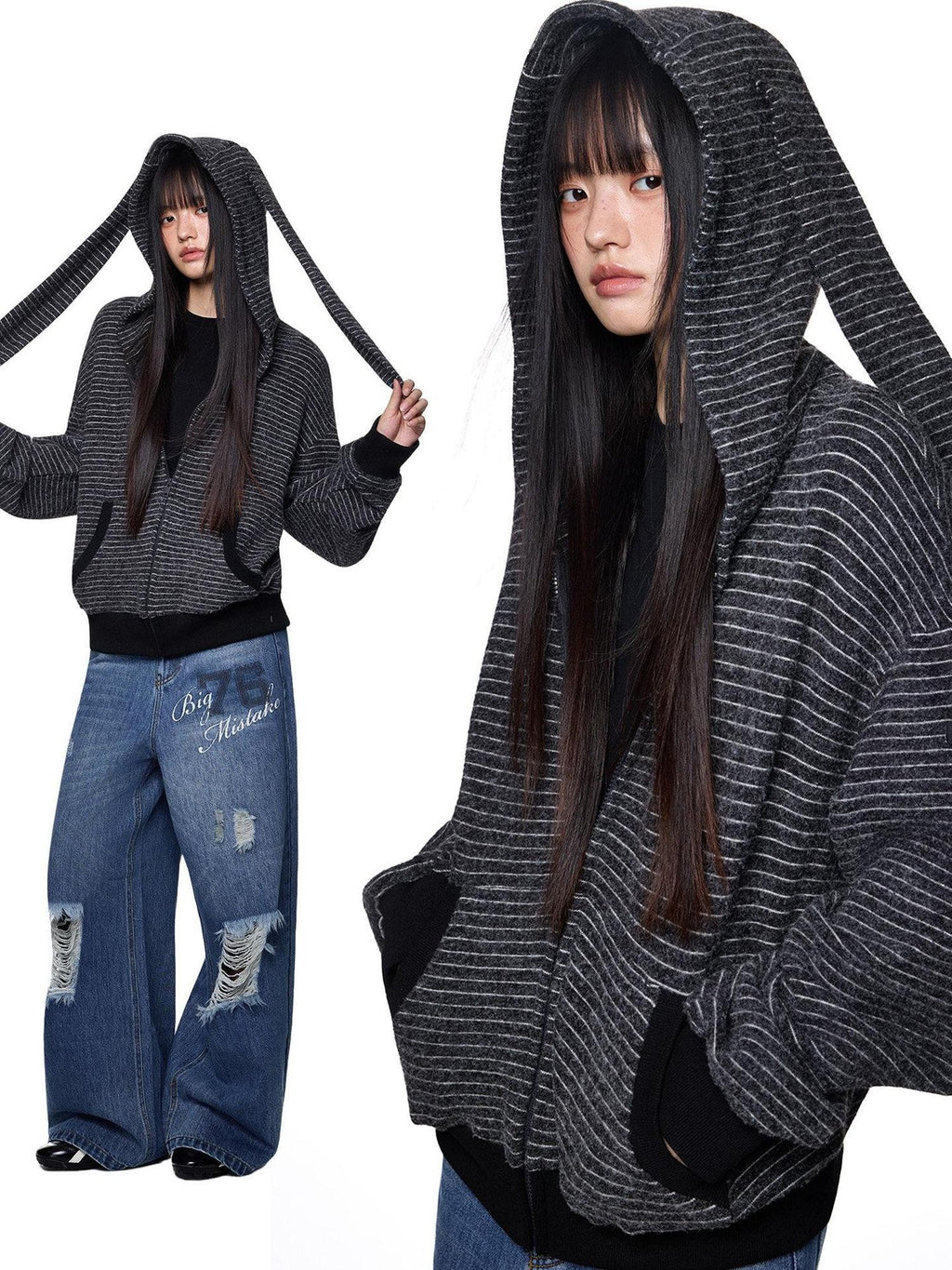 EZEK Rabbit Ear Striped Hooded Women's Acrylic Cotton Blend Zip-up Hoodies