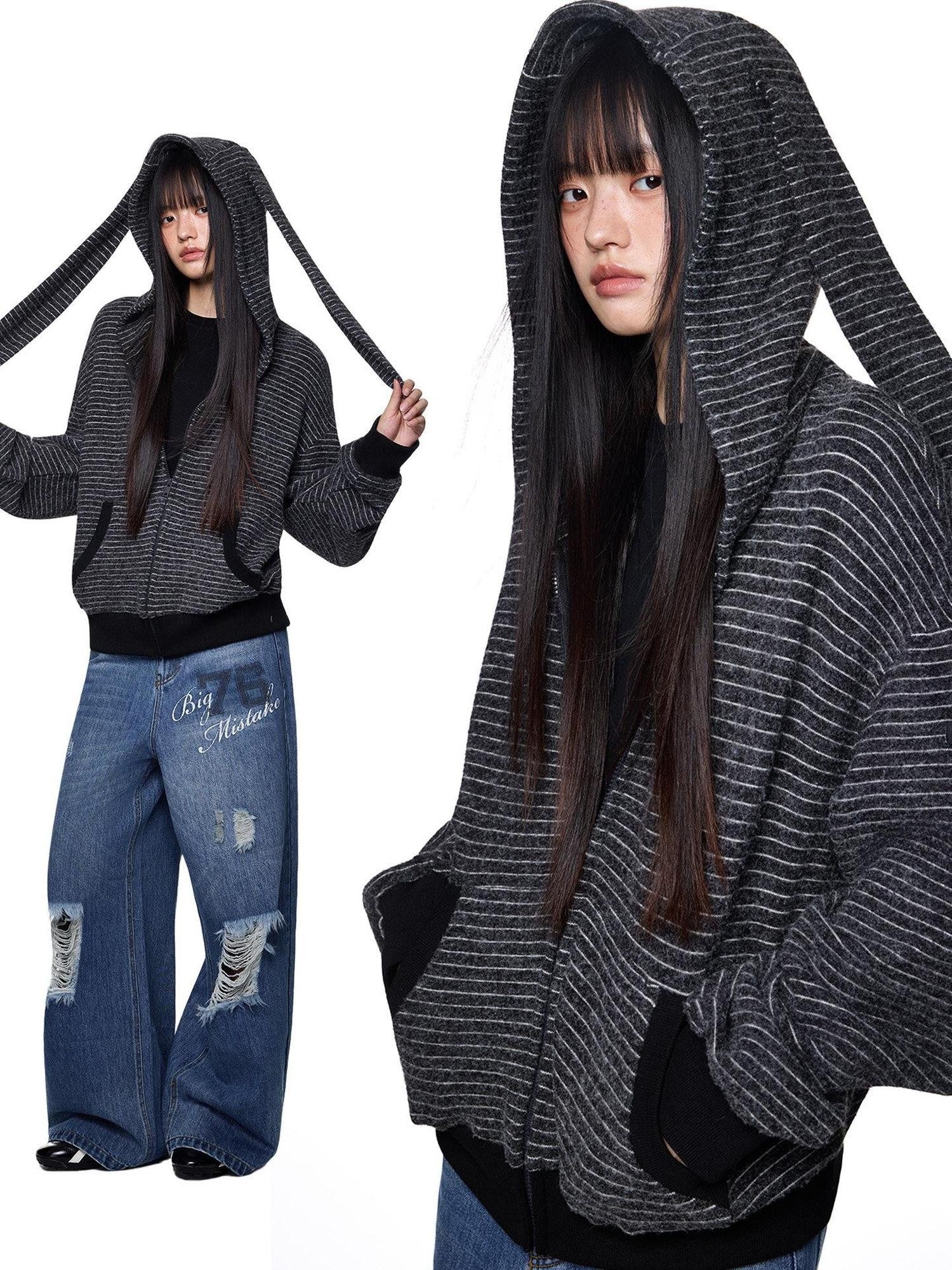 EZEK Rabbit Ear Striped Hooded Women's Acrylic Cotton Blend Zip-up Hoodies