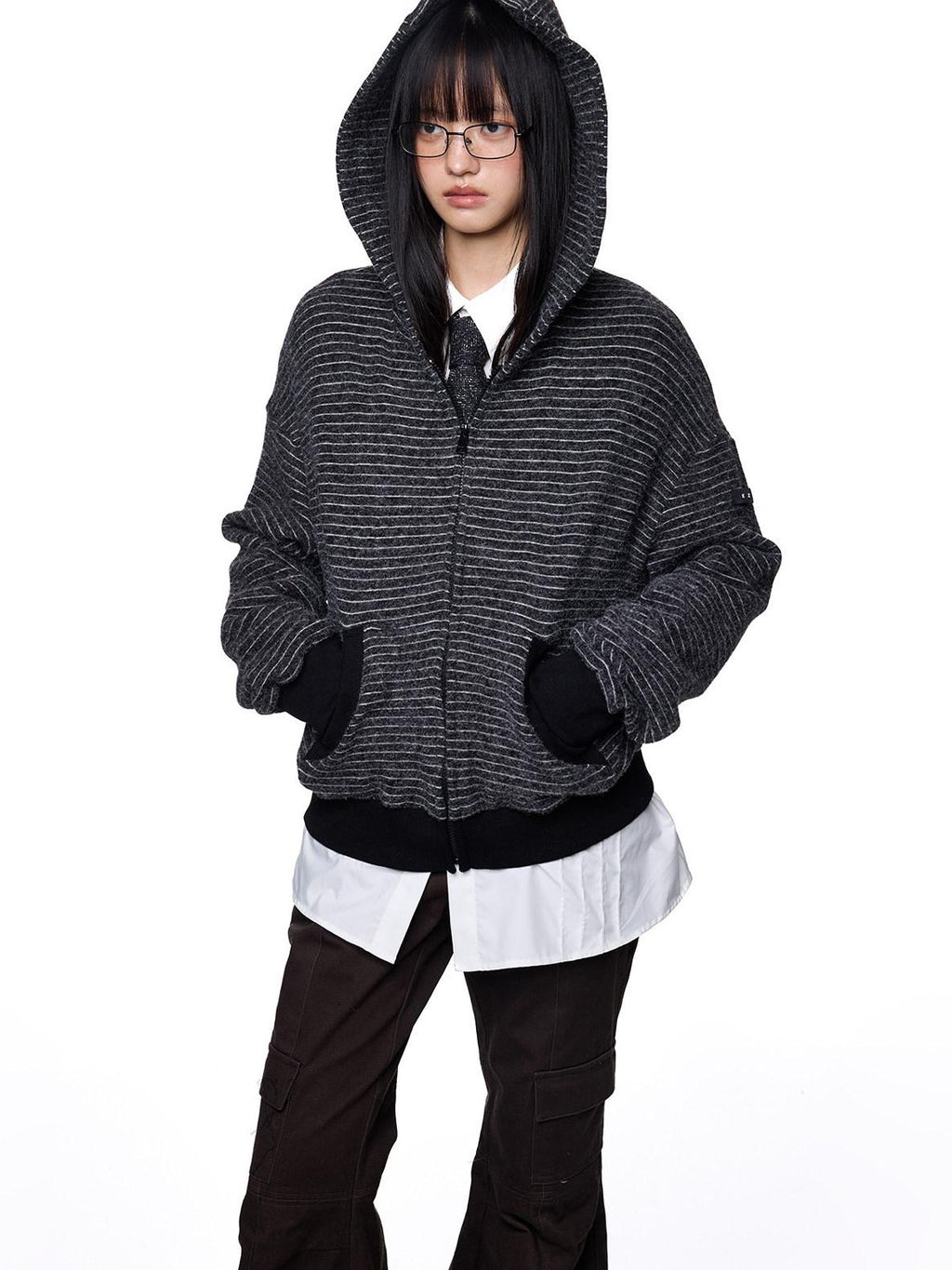 EZEK Rabbit Ear Striped Hooded Women's Acrylic Cotton Blend Zip-up Hoodies