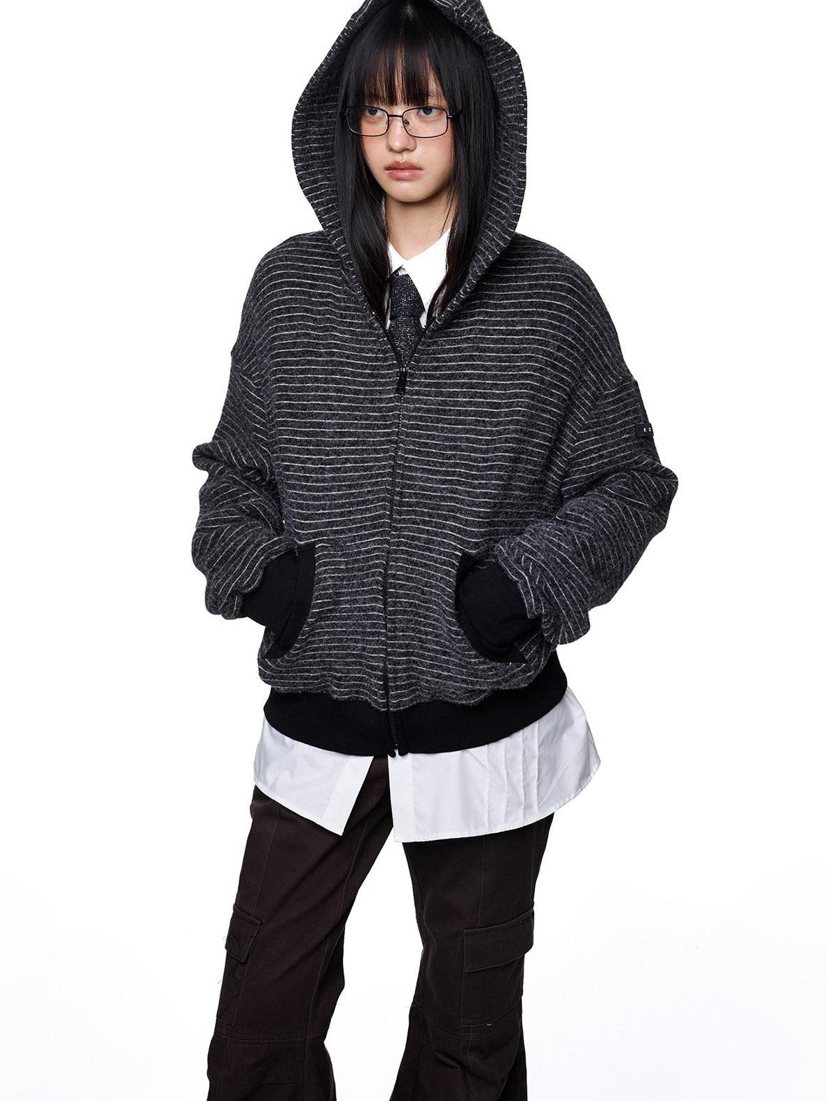 EZEK Rabbit Ear Striped Hooded Women's Acrylic Cotton Blend Zip-up Hoodies