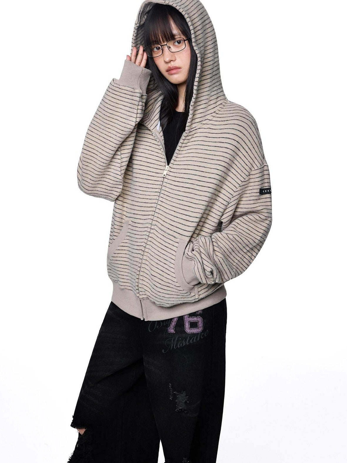 EZEK Rabbit Ear Striped Hooded Women's Acrylic Cotton Blend Zip-up Hoodies
