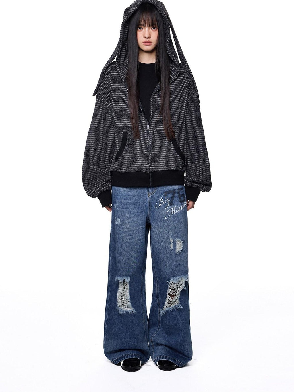 EZEK Rabbit Ear Striped Hooded Women's Acrylic Cotton Blend Zip-up Hoodies
