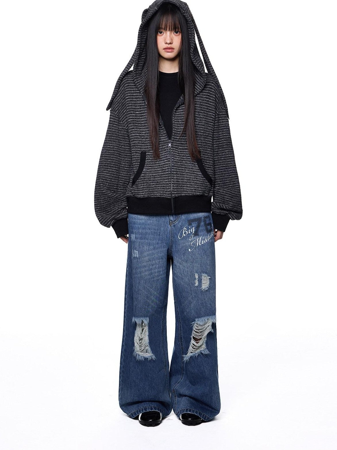 EZEK Rabbit Ear Striped Hooded Women's Acrylic Cotton Blend Zip-up Hoodies