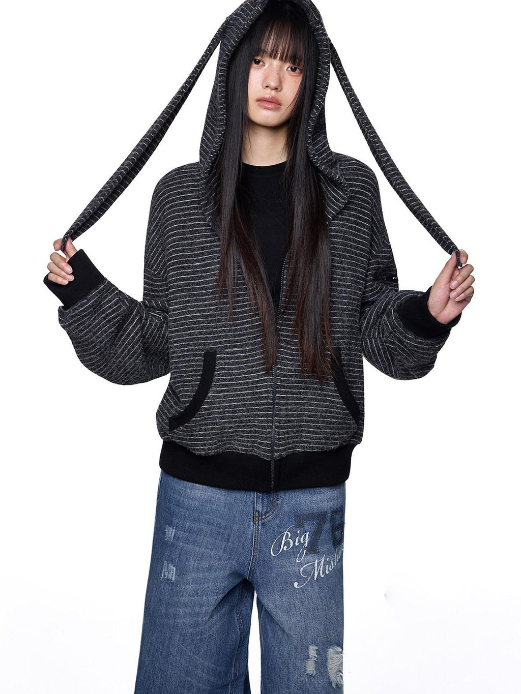 EZEK Rabbit Ear Striped Hooded Women's Acrylic Cotton Blend Zip-up Hoodies