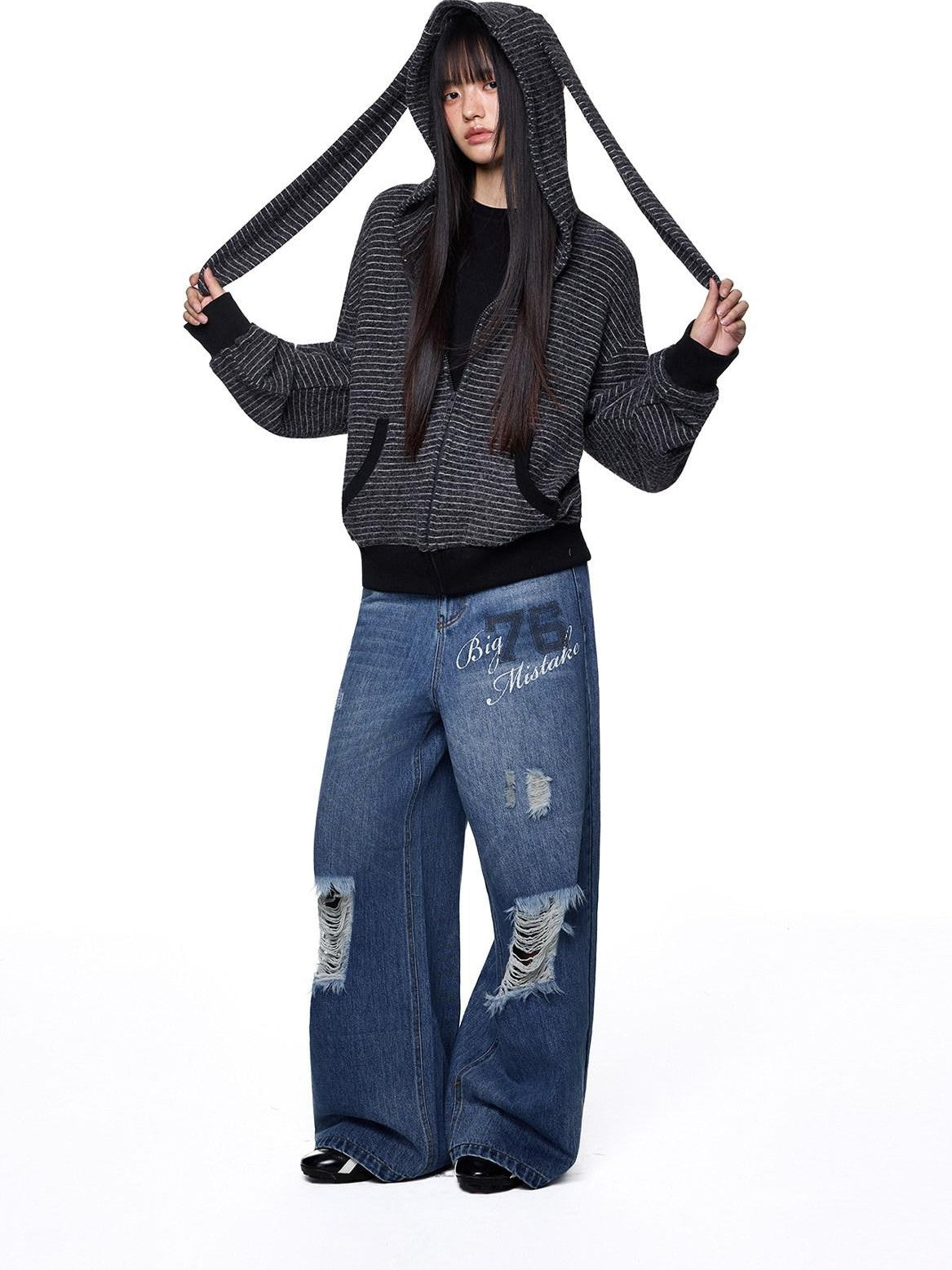 EZEK Rabbit Ear Striped Hooded Women's Acrylic Cotton Blend Zip-up Hoodies