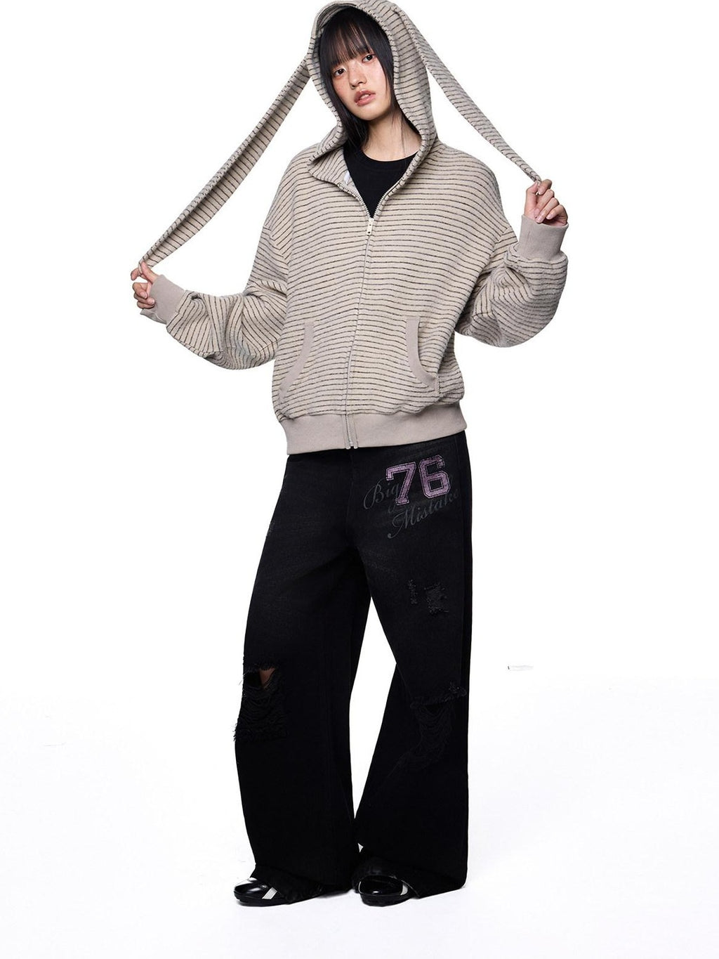 EZEK Rabbit Ear Striped Hooded Women's Acrylic Cotton Blend Zip-up Hoodies