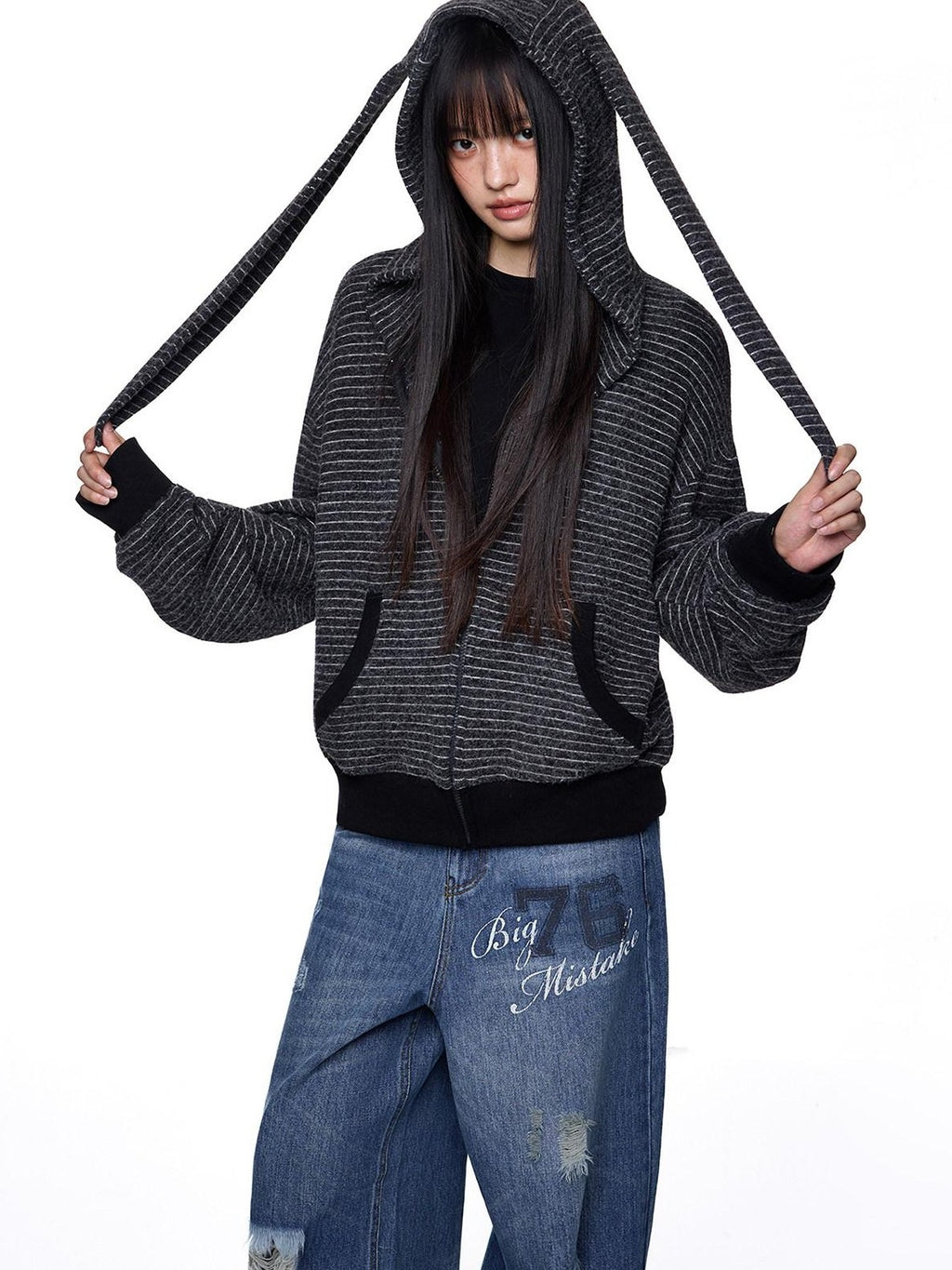 EZEK Rabbit Ear Striped Hooded Women's Acrylic Cotton Blend Zip-up Hoodies