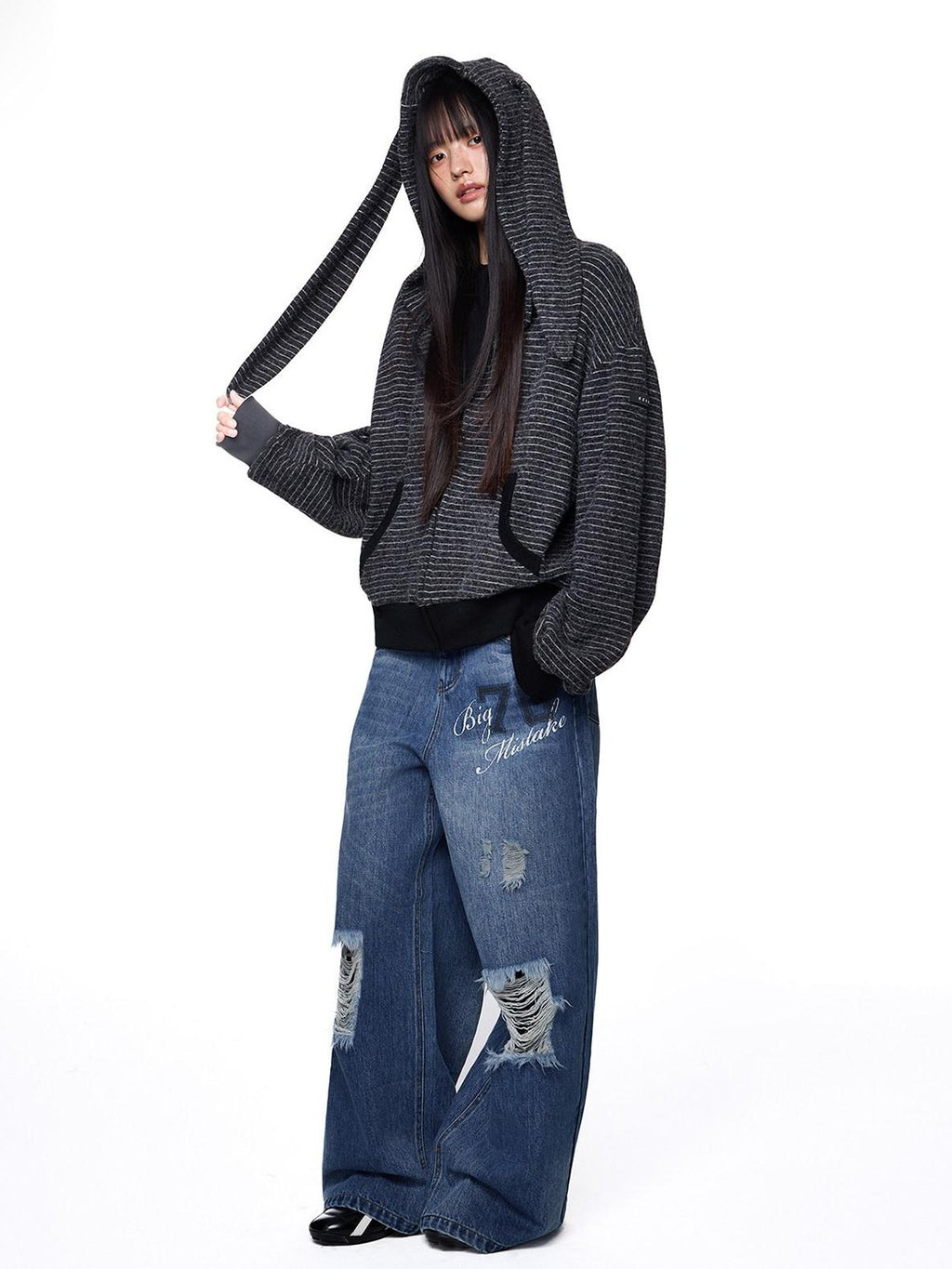 EZEK Rabbit Ear Striped Hooded Women's Acrylic Cotton Blend Zip-up Hoodies