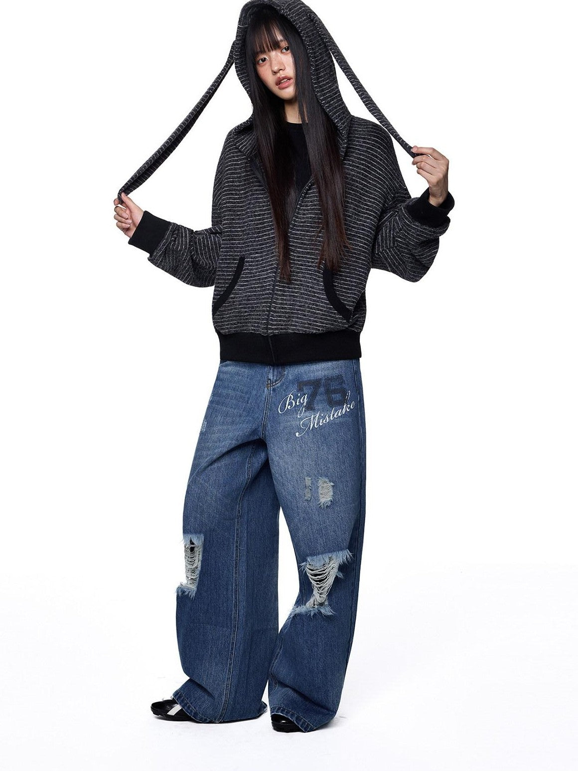 EZEK Rabbit Ear Striped Hooded Women's Acrylic Cotton Blend Zip-up Hoodies