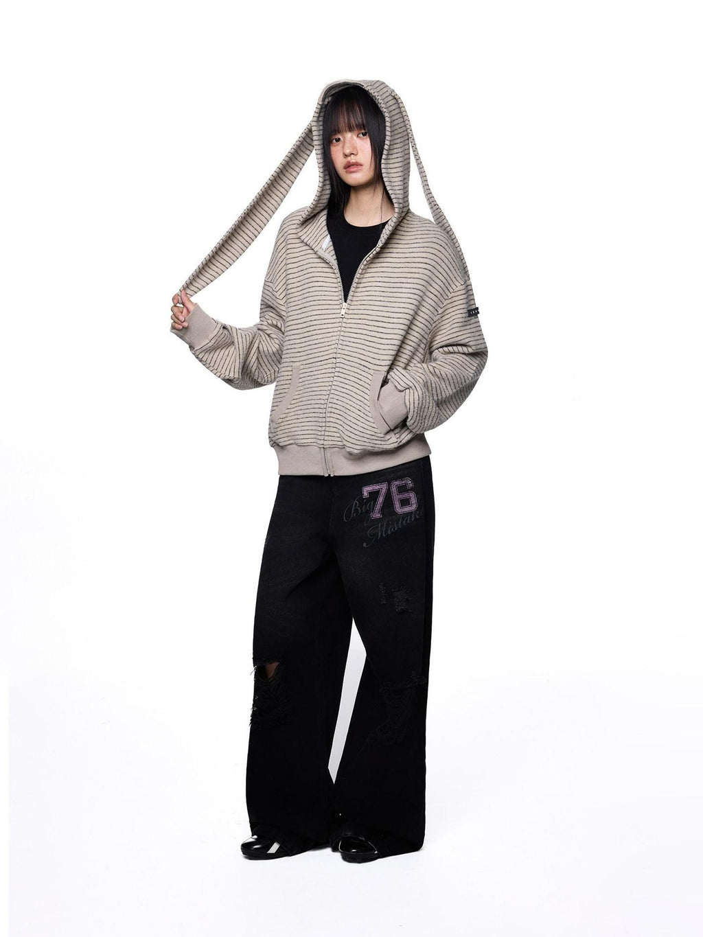 EZEK Rabbit Ear Striped Hooded Women's Acrylic Cotton Blend Zip-up Hoodies