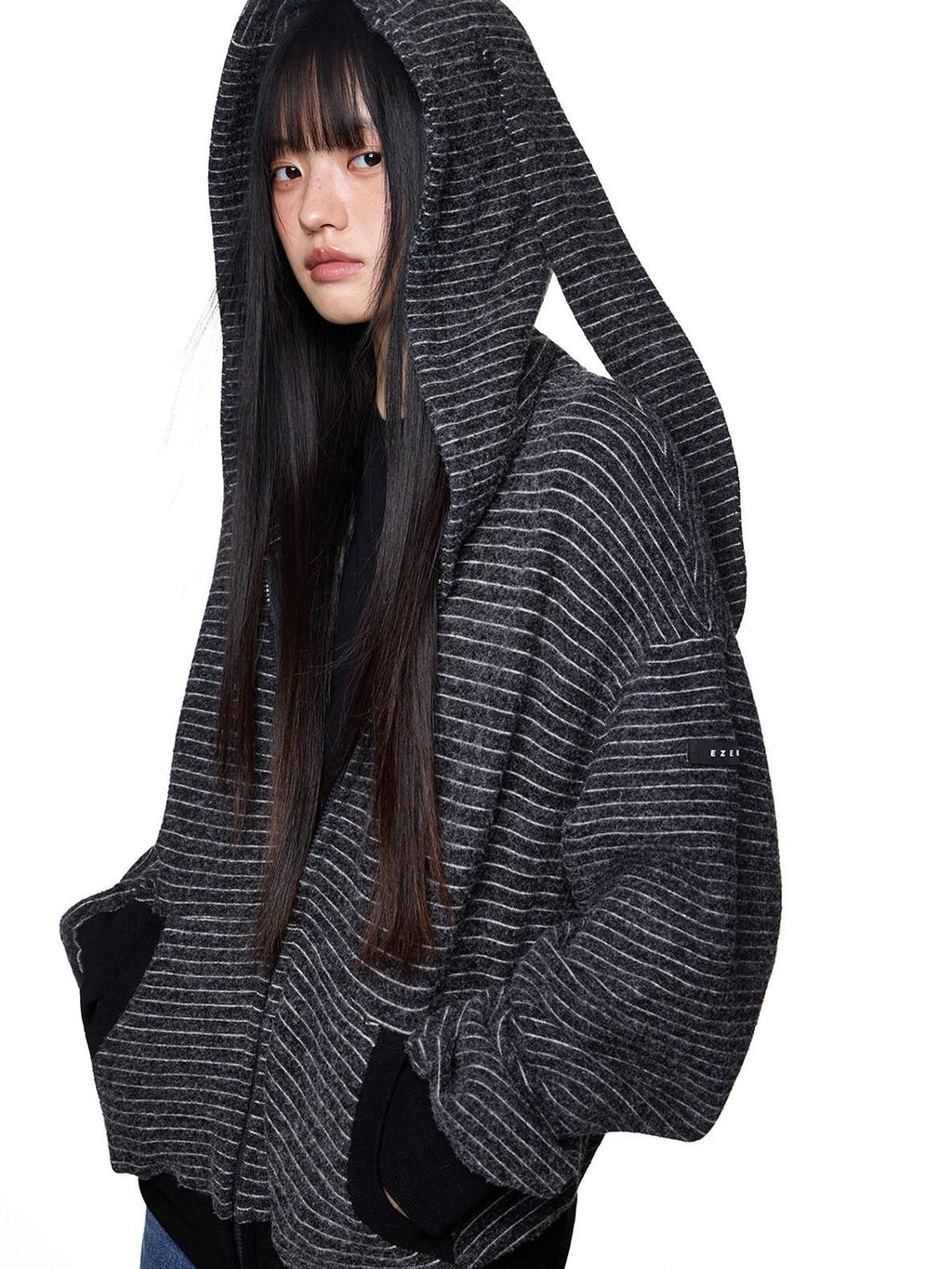 EZEK Rabbit Ear Striped Hooded Women's Acrylic Cotton Blend Zip-up Hoodies