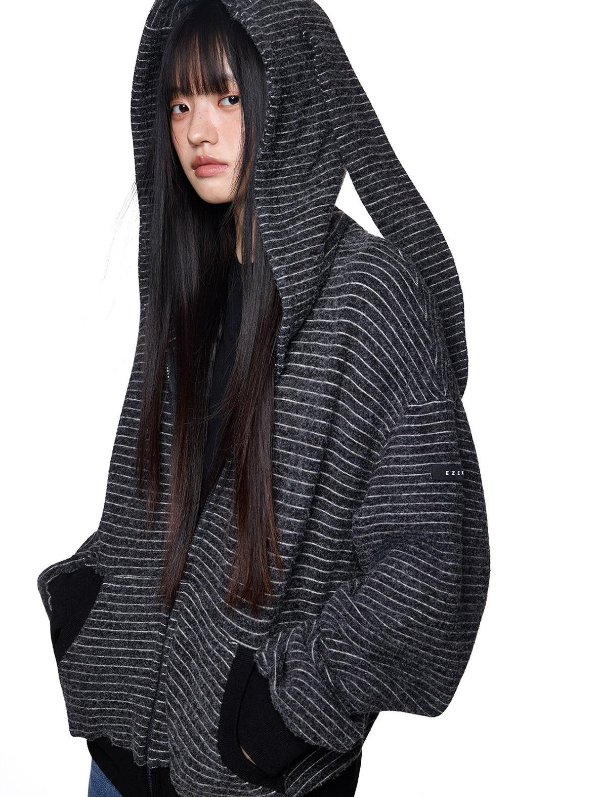 EZEK Rabbit Ear Striped Hooded Women's Acrylic Cotton Blend Zip-up Hoodies