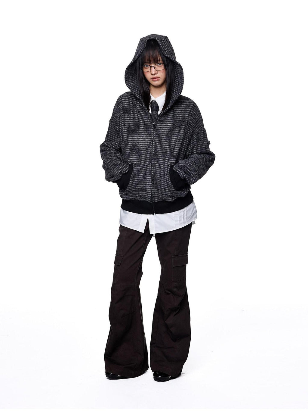 EZEK Rabbit Ear Striped Hooded Women's Acrylic Cotton Blend Zip-up Hoodies