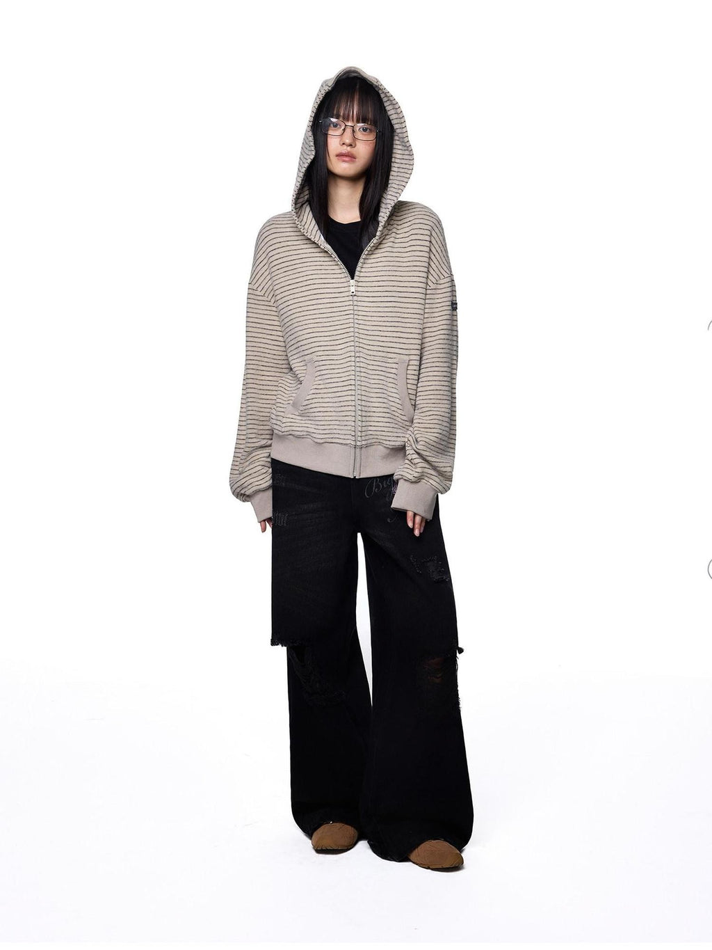 EZEK Rabbit Ear Striped Hooded Women's Acrylic Cotton Blend Zip-up Hoodies