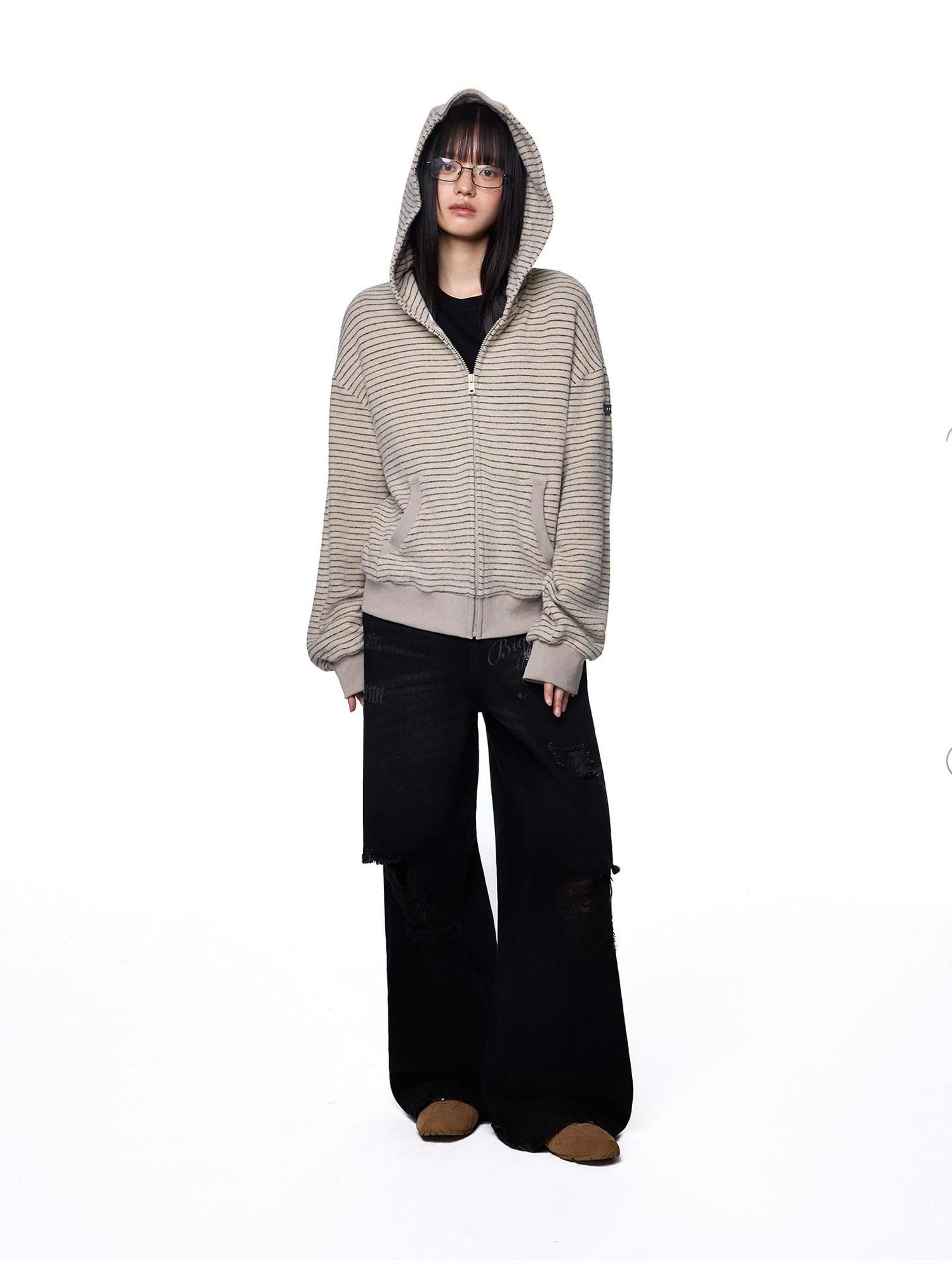 EZEK Rabbit Ear Striped Hooded Women's Acrylic Cotton Blend Zip-up Hoodies