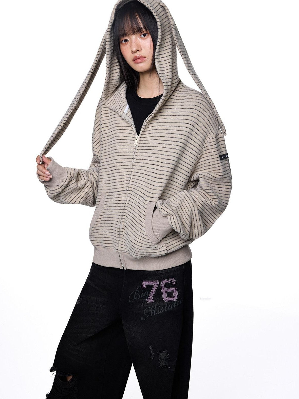 EZEK Rabbit Ear Striped Hooded Women's Acrylic Cotton Blend Zip-up Hoodies