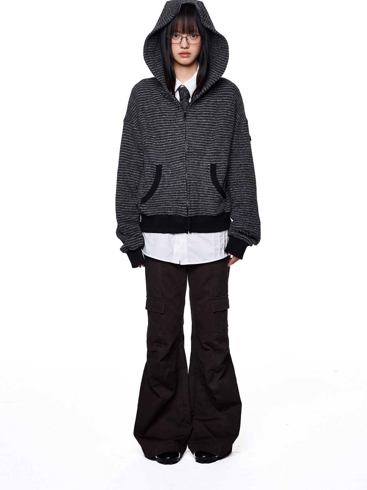 EZEK Rabbit Ear Striped Hooded Women's Acrylic Cotton Blend Zip-up Hoodies