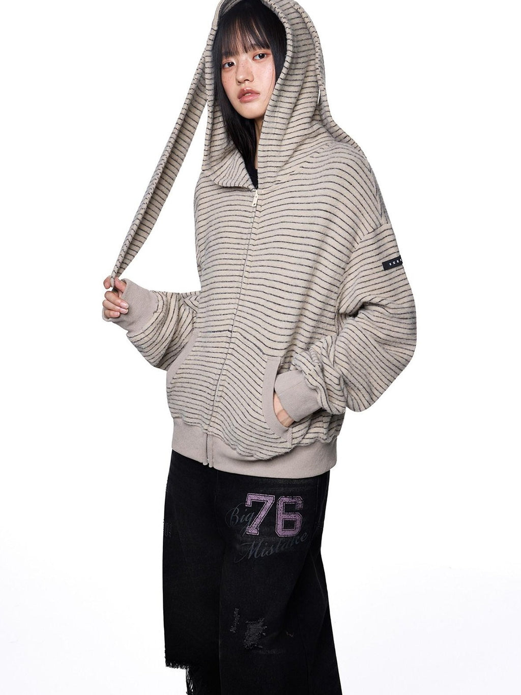 EZEK Rabbit Ear Striped Hooded Women's Acrylic Cotton Blend Zip-up Hoodies