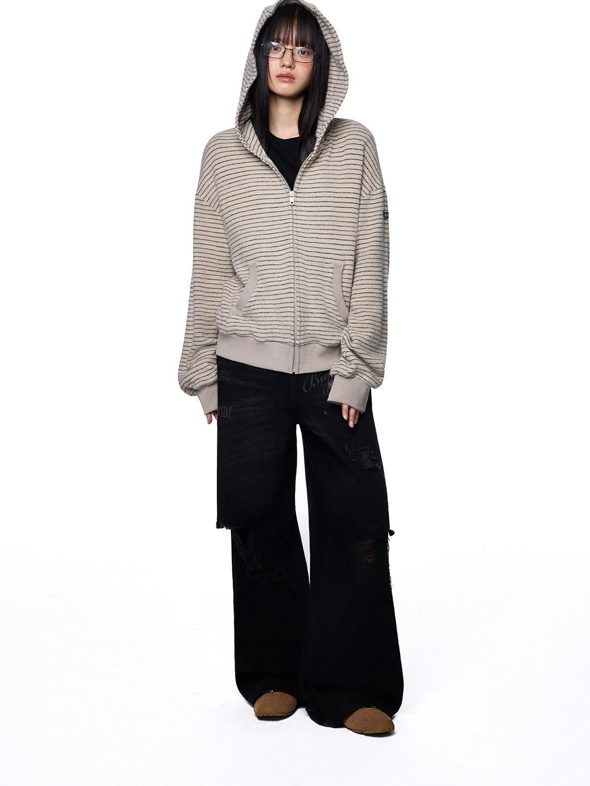 EZEK Rabbit Ear Striped Hooded Women's Acrylic Cotton Blend Zip-up Hoodies