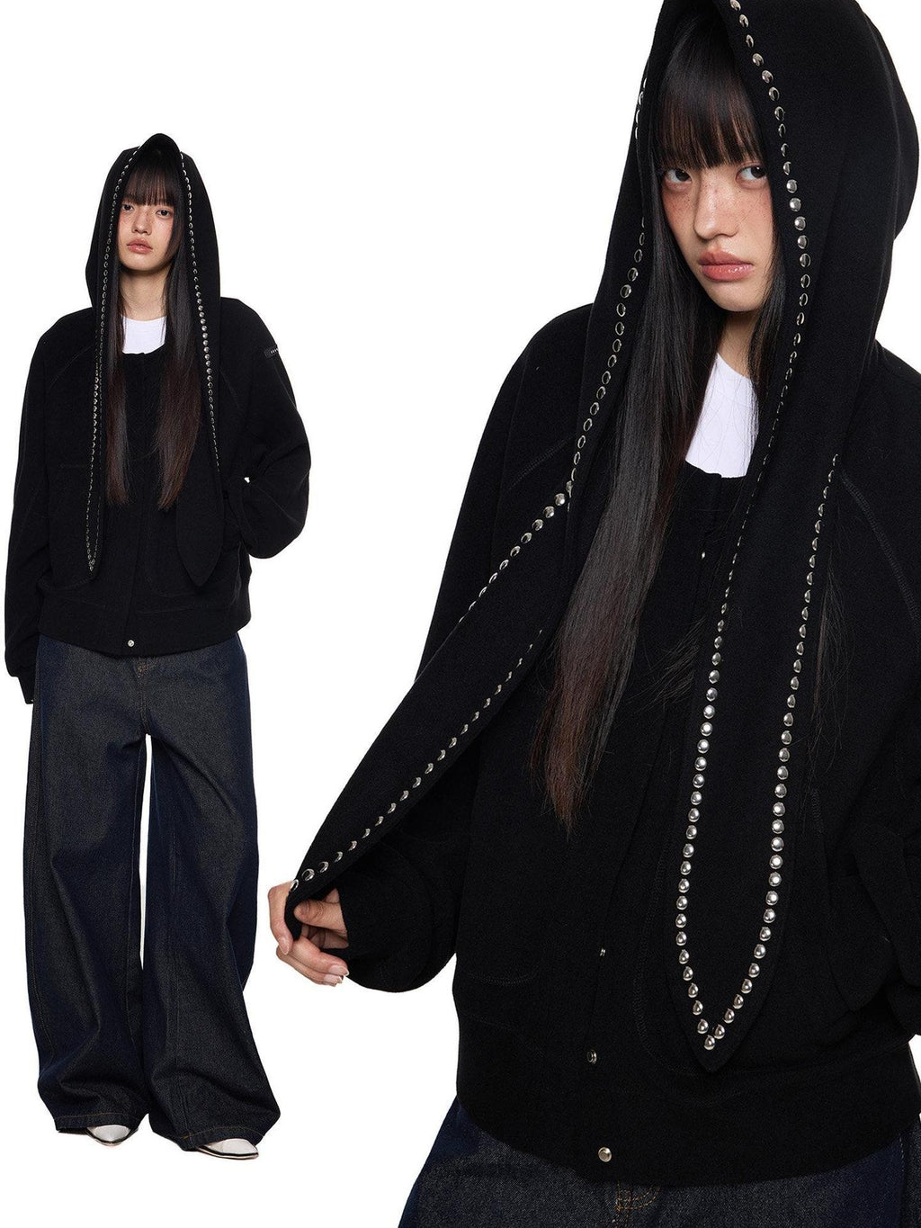 EZEK Rabbit Ear Studded Hooded Women's Cotton Blend Zip-up Hoodies