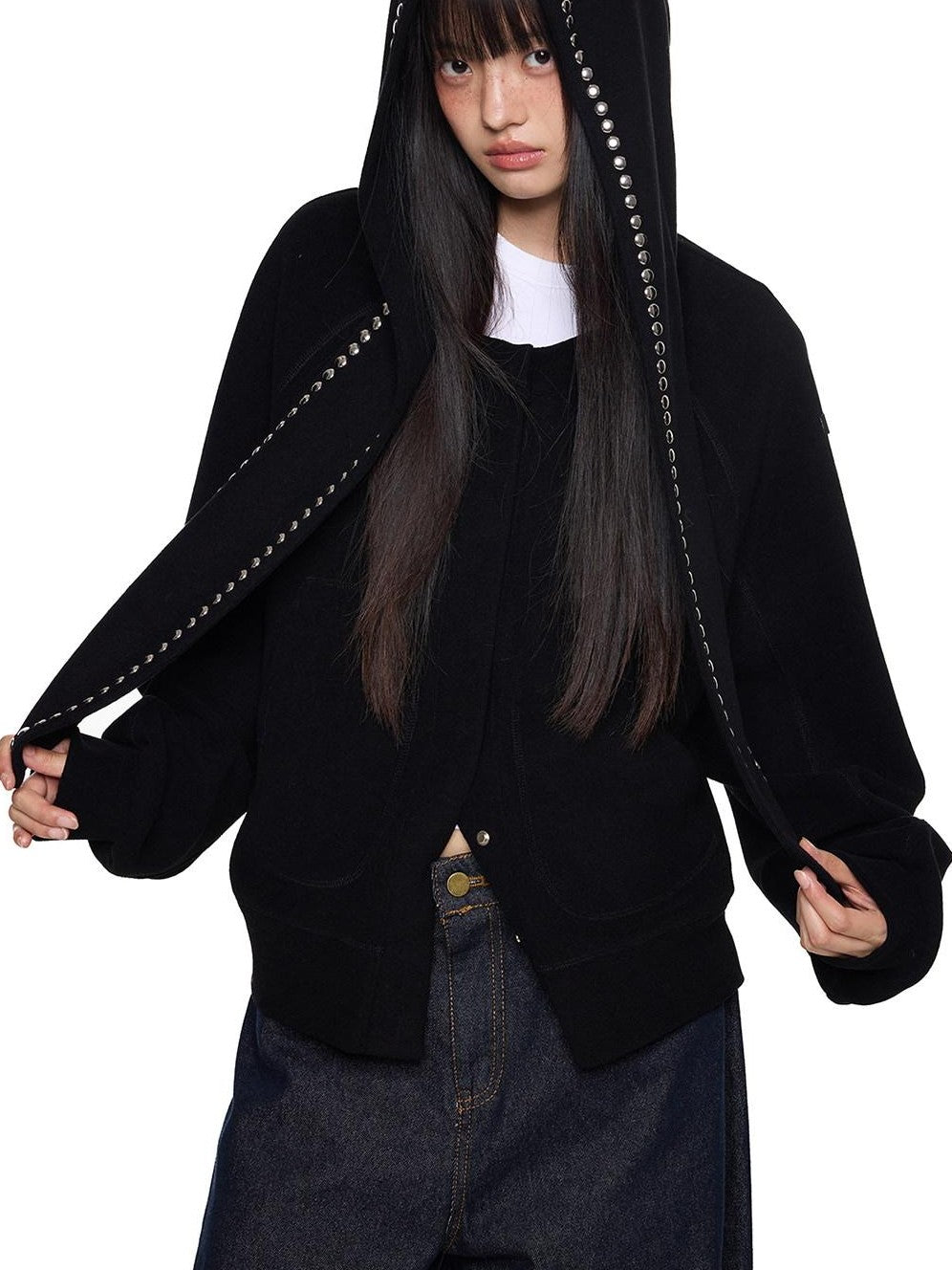 EZEK Rabbit Ear Studded Hooded Women's Cotton Blend Zip-up Hoodies
